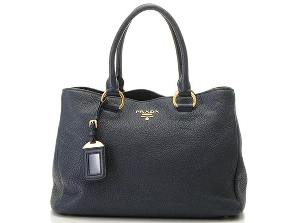 Prada dark blue pebbled leather tote double rolled top handles